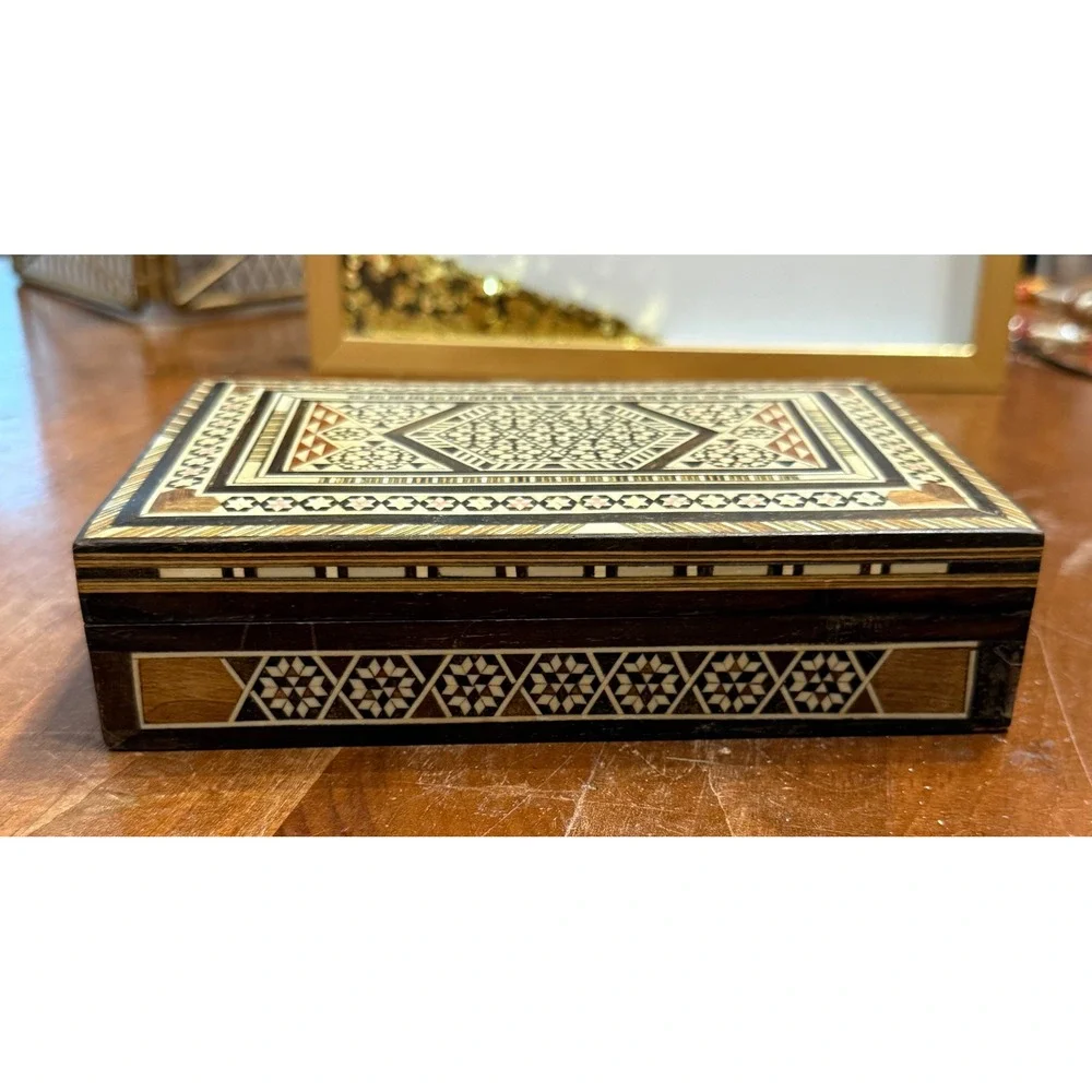 VTG Sadeli Mosaic Wood Inlay Jewelry Box Middle Eastern Marquetry Trinket
